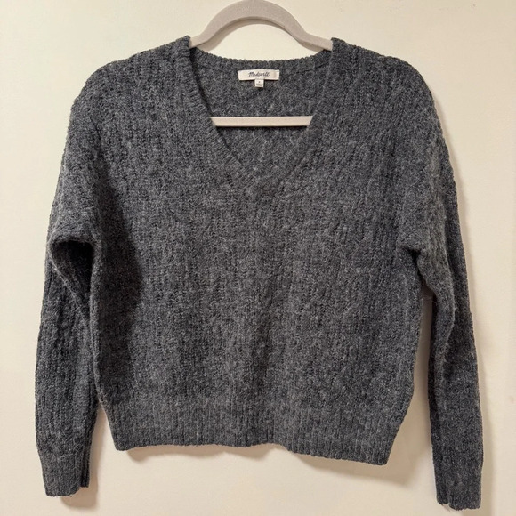 Madewell Alna V Neck Alpaca Blend Cable Knit Sweater Size Small Heather Gray - Picture 1 of 8